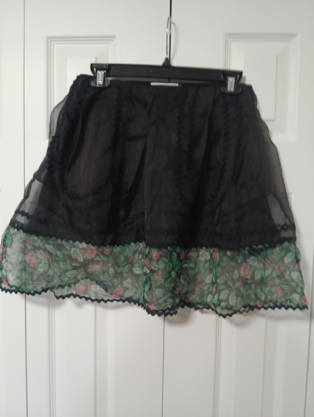 Coach Silk Blend Sheer Skirt Black with Green and Pink Floral Hem